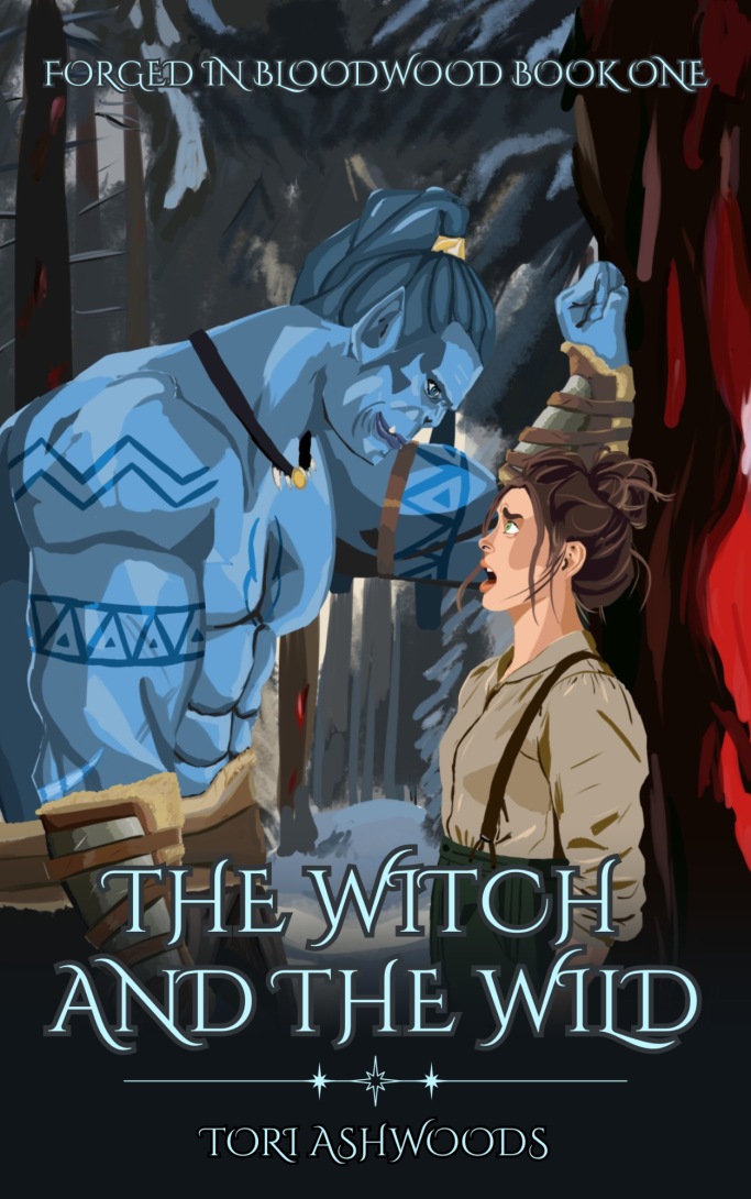 Cover of "The Witch And The Wild" A fantasy book cover featuring a blue creature confronting a young woman in a forest setting.